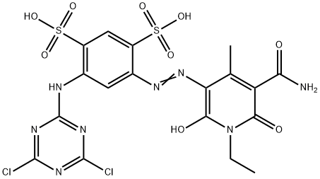 4-[[5-(aminocarbonyl)-1-ethyl-1,6-dihydro-2-hydroxy-4-methyl-6-oxo-3-pyridyl]azo]-6-[(4,6-dichloro-1,3,5-triazin-2-yl)amino]benzene-1,3-disulphonic acid Structure
