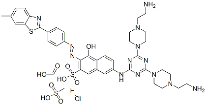 2-Naphthalenesulfonic acid, 7-[[4,6-bis[4-(2-aminoethyl)-1-piperazinyl]-1,3,5-triazin-2-yl]amino]-4-hydroxy-3-[[4-(6-methyl-2-benzothiazolyl)phenyl]azo]-, formate (salt) hydrochloride methanesulfonate (salt) 结构式