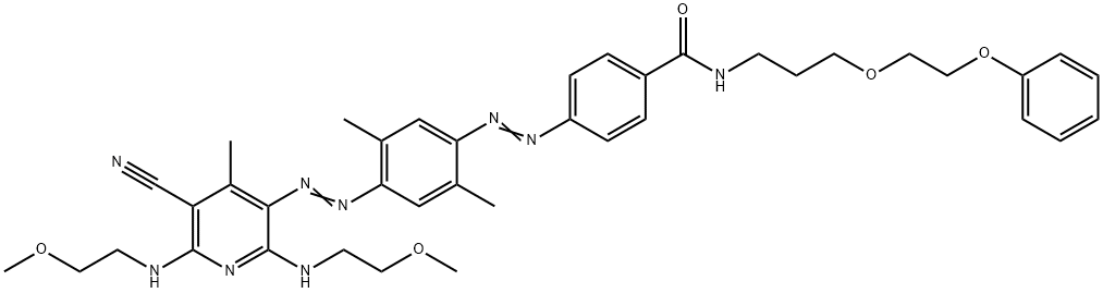 4-[[4-[[5-シアノ-2,6-ビス[(2-メトキシエチル)アミノ]-4-メチル-3-ピリジニル]アゾ]-2,5-ジメチルフェニル]アゾ]-N-[3-(2-フェノキシエトキシ)プロピル]ベンズアミド 化学構造式