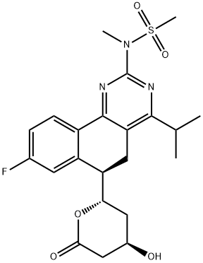 N-[(6R)-8-フルオロ-5,6-ジヒドロ-4-(1-メチルエチル)-6-[(2S,4R)-テトラヒドロ-4-ヒドロキシ-6-オキソ-2H-ピラン-2-イル]ベンゾ[H]キナゾリン-2-イル]-N-メチルメタンスルホンアミド 化学構造式