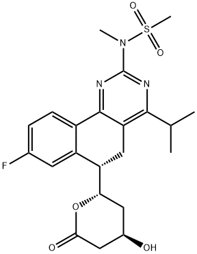 N-[(6S)-8-フルオロ-5,6-ジヒドロ-4-(1-メチルエチル)-6-[(2S,4R)-テトラヒドロ-4-ヒドロキシ-6-オキソ-2H-ピラン-2-イル]ベンゾ[H]キナゾリン-2-イル]-N-メチルメタンスルホンアミド 化学構造式