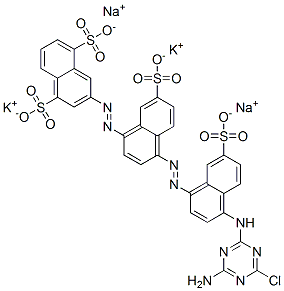3-[[4-[[4-[(4-氨基-6-氯-1,3,5-三嗪-2-基)氨基]-7-磺基-1-萘基]偶氮]-7-磺基-1-萘基]偶氮]-1,5-萘二磺酸的钾钠盐 结构式