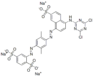 trisodium 2-[[4-[[4-[(4,6-dichloro-1,3,5-triazin-2-yl)amino]-7-sulphonato-1-naphthyl]azo]-2,5-dimethylphenyl]azo]benzene-1,4-disulphonate Struktur