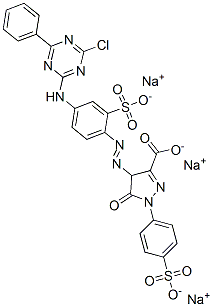 4-[[4-[(4-chloro-6-phenyl-1,3,5-triazin-2-yl)amino]-2-sulphophenyl]azo]-4,5-dihydro-5-oxo-1-(4-sulphophenyl)-1H-pyrazole-3-carboxylic acid, sodium salt 结构式