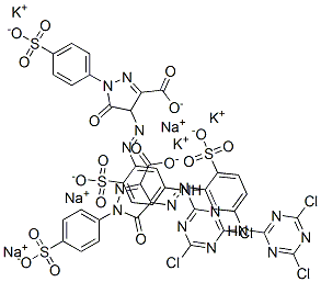 4-[[5-[(4,6-dichloro-1,3,5-triazin-2-yl)amino]-2-sulphophenyl]azo]-4,5-dihydro-5-oxo-1-(4-sulphophenyl)-1H-pyrazole-3-carboxylic acid, potassium sodium salt 结构式