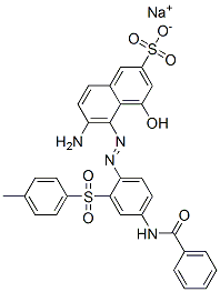 6-アミノ-5-[[4-(ベンゾイルアミノ)-2-[(4-メチルフェニル)スルホニル]フェニル]アゾ]-4-ヒドロキシ-2-ナフタレンスルホン酸ナトリウム 化学構造式
