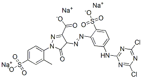 4-[[5-[(4,6-ジクロロ-1,3,5-トリアジン-2-イル)アミノ]-2-スルホフェニル]アゾ]-4,5-ジヒドロ-1-(2-メチル-4-スルホフェニル)-5-オキソ-1H-ピラゾール-3-カルボン酸/ナトリウム,(1:x) 化学構造式