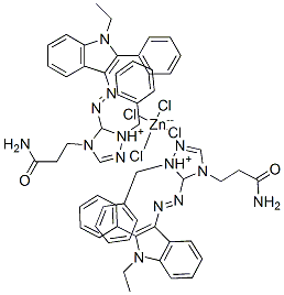 4-(3-アミノ-3-オキソプロピル)-5-[(1-エチル-2-フェニル-1H-インドール-3-イル)アゾ]-1-(フェニルメチル)-1H-1,2,4-トリアゾール-4-イウム・0.5テトラクロロジンカート 化学構造式