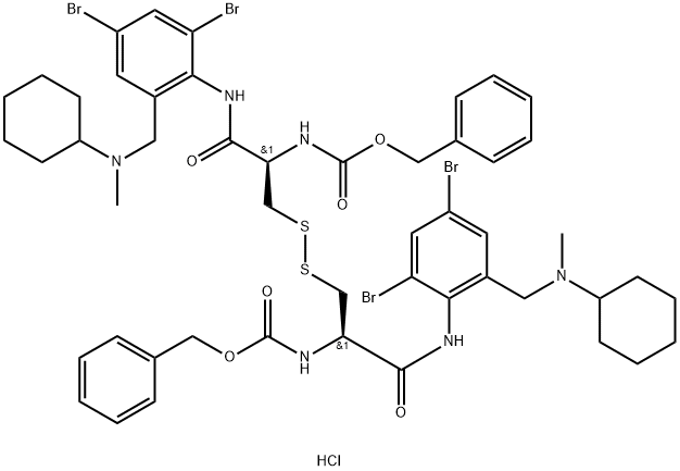 2-Oxa-7,8-dithia-4,11-diazadodecan-12-oic acid, 5,10-bis(((2,4-dibromo -6-((cyclohexylmethylamino)methyl)phenyl)amino)carbonyl)-3-oxo-1-pheny l-, phenylmethyl ester, dihydrochloride, (R-(R*,R*))- Structure