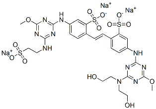 5-[[4-[双(2-羟乙基)氨基]-6-甲氧基-1,3,5-三嗪-2-基]氨基]-2-[2-[4-[[4-甲氧基-6-[(2-磺乙基)氨基]-1,3,5-三嗪-2-基]氨基]-2-磺苯基]乙基]苯磺酸三钠盐, 86271-35-4, 结构式