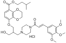 1,4-Benzodioxin-5-carboxylic acid, 2,3-dihydro-8-(2-(hydroxymethyl)-3- (4-(1-oxo-3-(3,4,5-trimethoxyphenyl)-2-propenyl)-1-piperazinyl)propoxy )-, 3-methylbutyl ester, monohydrochloride Structure