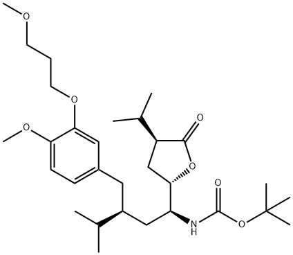 (3S)-3α-イソプロピル-5β-[(1S,3S)-1-(tert-ブトキシカルボニルアミノ)-3-[3-(3-メトキシプロポキシ)-4-メトキシベンジル]-4-メチルペンチル]テトラヒドロフラン-2-オン 化学構造式