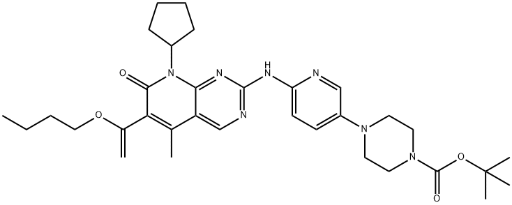 2-甲基-2-丙基-4-(6 - {[8-环戊基-5-甲基-7-氧代-6-(1-丁氧乙烯基)-7,8-二氢吡啶并[2,3-D]嘧啶-2-基]氨基} -3-吡啶基)-1-哌嗪甲酸 结构式
