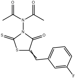 N-acetyl-N-{5-[(Z)-(3-fluorophenyl)methylidene]-4-oxo-2-thioxo-1,3-thiazolan-3-yl}acetamide Struktur