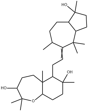 Decahydro-2,2,5a,7-tetramethyl-6-[2-(2,3,3a,4,6,7,8,8a-octahydro-1-hydroxy-1,4,4,6-tetramethylazulen-5(1H)-ylidene)ethyl]-1-benzoxepin-3,7-diol Struktur