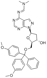 5'-O-DIMETHOXYTRITYL-N6-(N,N-DIMETHYLAMINOMETHYLENE)-8-AZA-7-DEAZA-2'-DEOXYADENOSINE Struktur