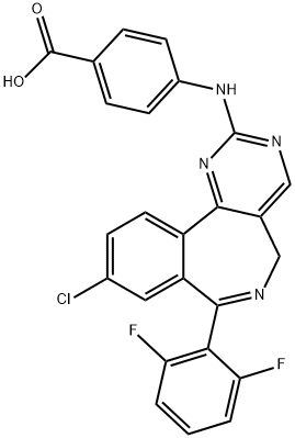4-[[9-クロロ-7-(2,6-ジフルオロフェニル)-1,3,6-トリアザ-5H-ジベンゾ[a,c]シクロヘプテン-2-イル]アミノ]安息香酸 化学構造式