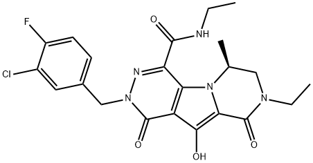 (5R)-N,5α-ジメチル-2-(3-クロロ-4-フルオロベンジル)-1,8-ジオキソ-2,4a,5,6,7,8-ヘキサヒドロ-8aH-2,3,4b,7-テトラアザ-1H-フルオレン-4-カルボアミド 化学構造式