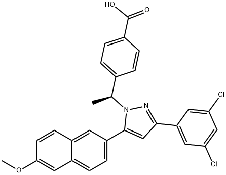 (S)-4-(1-(3-(3,5-dichlorophenyl)-5-(6-Methoxynaphthalen-2-yl)-1H-pyrazol-1-yl)ethyl)benzoic acid 化学構造式