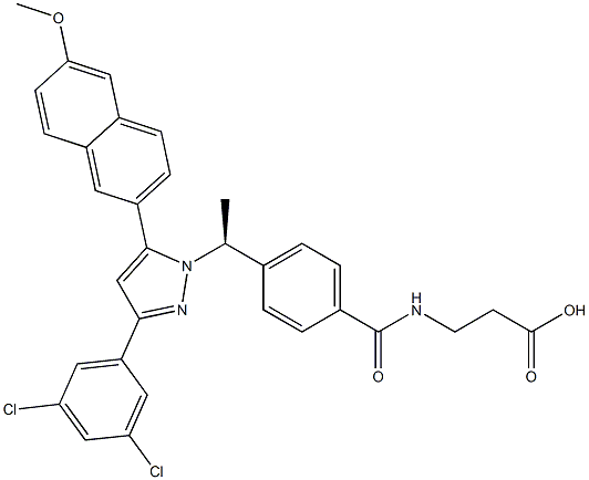 N-(2-カルボキシエチル)-4-[(S)-1-[3-(3,5-ジクロロフェニル)-5-(6-メトキシナフタレン-2-イル)-1H-ピラゾール-1-イル]エチル]ベンズアミド 化学構造式