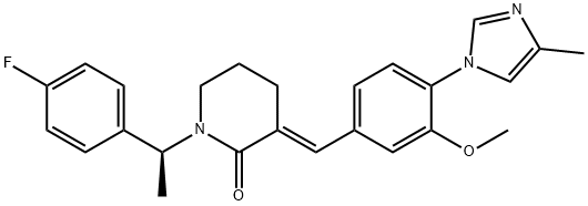 1-[1-(4-フルオロフェニル)エチル]-3-[(E)-3-メトキシ-4-(4-メチル-1H-イミダゾール-1-イル)ベンジリデン]ピペリジン-2-オン 化学構造式