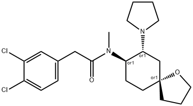 rac-3,4-ジクロロ-N-メチル-N-[(5R*)-7α*-(1-ピロリジニル)-1-オキサスピロ[4.5]デカン-8β*-イル]ベンゼンアセトアミド 化学構造式
