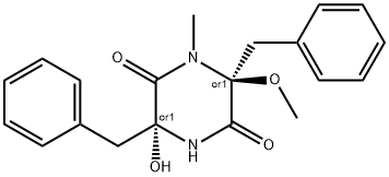 trans-3-ヒドロキシ-6-メトキシ-1-メチル-3,6-ビス(フェニルメチル)-2,5-ピペラジンジオン 化学構造式