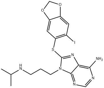 6-Amino-8-[(6-iodo-1,3-benzodioxol-5-yl)thio]-N-(1-methylethyl)-9H-purine-9-propanamine Struktur