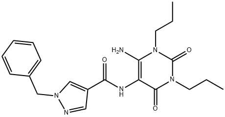 1H-Pyrazole-4-carboxamide,  N-(6-amino-1,2,3,4-tetrahydro-2,4-dioxo-1,3-dipropyl-5-pyrimidinyl)-1-(phenylmethyl)- Struktur