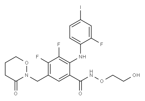 3,4-ジフルオロ-2-[(2-フルオロ-4-ヨードフェニル)アミノ]-N-(2-ヒドロキシエトキシ)-5-[(3-オキソ-1,2-オキサジナン-2-イル)メチル]ベンズアミド 化学構造式