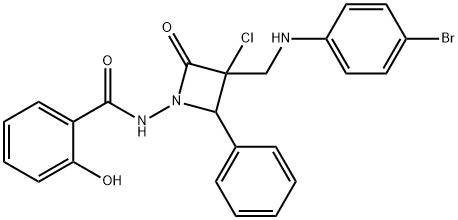 N-[3-[[(4-bromophenyl)amino]methyl]-3-chloro-2-oxo-4-phenyl-azetidin-1 -yl]-2-hydroxy-benzamide Struktur