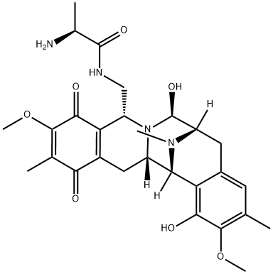 2-アミノ-N-[(6,7,9,10,13,14,14a,15-オクタヒドロ-1,7-ジヒドロキシ-2,11-ジメトキシ-3,12,16-トリメチル-10,13-ジオキソ-6,15-エピミノ-5H-イソキノ[3,2-b][3]ベンゾアゾシン-9-イル)メチル]プロピオンアミド 化学構造式