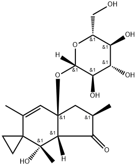 (2'R)-7'aβ-(β-D-グルコピラノシルオキシ)-1',3'aβ,4',7'a-テトラヒドロ-4'α-ヒドロキシ-2'β,4',6'-トリメチルスピロ[シクロプロパン-1,5'-[5H]インデン]-3'(2'H)-オン 化学構造式