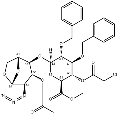(2S,3S,4S,5R,6R)-Methyl 6-((1R,2S,3R,4R,5R)-3-acetoxy-4-azido-6,8-dioxabicyclo[3,2,1]octan-2-yloxy)-4,5-bis(benzyloxy)-3-(chlorocarbonyloxy)tetrahydro-2H-pyran-2-carboxylate Struktur