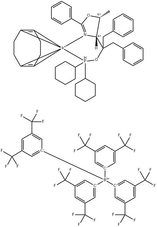 テトラキス(3,5‐ビス(トリフルオロメチル)フェニル)ほう酸1,5‐シクロオクタジエン{[ジベンジル((4R,5R)‐5‐メチル‐2‐フェニル‐4,5‐ジヒドロ‐4‐オキサゾリル)メチル]ジシクロヘキシルホスフィナイト ΚN:ΚP}イリジウム(I) 化学構造式