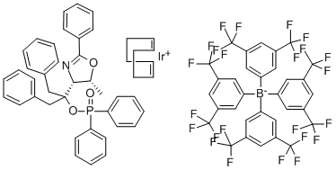 テトラキス(3,5‐ビス(トリフルオロメチル)フェニル)ほう酸1,5‐シクロオクタジエン{[ジベンジル((4R,5R)‐5‐メチル‐2‐フェニル‐4,5‐ジヒドロ‐4‐オキサゾリル)メチル]ジフェニルホスフィナイト ΚN:ΚP}イリジウム(I) 化学構造式