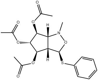 1H-Cyclopentcisoxazole-4,5,6-triol, hexahydro-1-methyl-3-(phenylthio)-, triacetate (ester), 3S-(3.alpha.,3a.alpha.,4.alpha.,5.beta.,6.alpha.,6a.alpha.)- Struktur