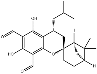 (1'R,2R,4S,5'R)-3,4-ジヒドロ-5,7-ジヒドロキシ-6',6'-ジメチル-4-(2-メチルプロピル)スピロ[2H-1-ベンゾピラン-2,2'-ビシクロ[3.1.1]ヘプタン]-6,8-ジカルボアルデヒド 化学構造式