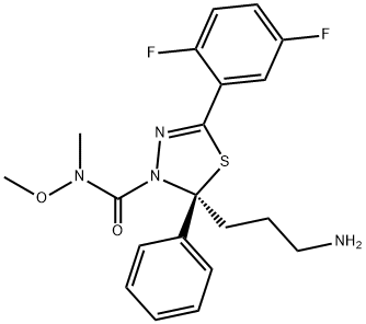 (2S)-2-(3-アミノプロピル)-5-(2,5-ジフルオロフェニル)-N-メトキシ-N-メチル-2-フェニル-1,3,4-チアジアゾール-3(2H)-カルボキサミド 化学構造式