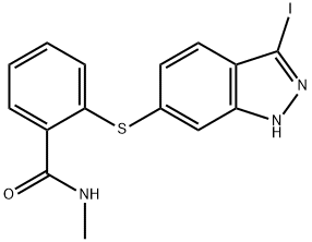 2-(3-碘-1H-吲唑-6-取代巯基)-N-甲基苯甲酰胺, 885126-34-1, 结构式