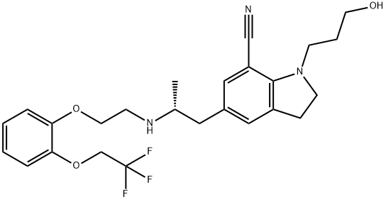 1H-Indole-7-carbonitrile, 2,3-dihydro-1-(3-hydroxypropyl)-5-[(2R)-2-[[2-[2-(2,2,2-trifluoroethoxy)phenoxy]ethyl]aMino]propyl]- Struktur