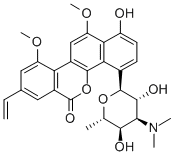 1-ヒドロキシ-10,12-ジメトキシ-8-ビニル-4-(3,6-ジデオキシ-3-ジメチルアミノ-α-D-アルトロピラノシル)-6H-ベンゾ[d]ナフト[1,2-b]ピラン-6-オン 化学構造式