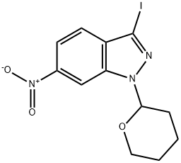 3-ヨード-6-ニトロ-1-(テトラヒドロ-2H-ピラン-2-イル)-1H-インダゾール 化学構造式
