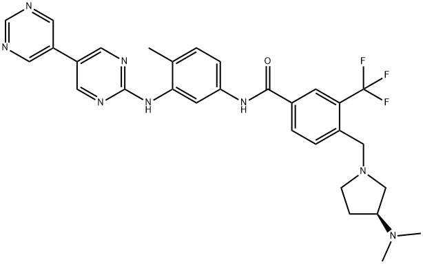 N-[3-({[5,5'-ビピリミジン]-2-イル}アミノ)-4-メチルフェニル]-4-{[(3S)-3-(ジメチルアミノ)ピロリジン-1-イル]メチル}-3-(トリフルオロメチル)ベンズアミド 化学構造式
