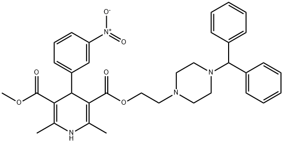 1,4-ジヒドロ-2,6-ジメチル-4-(3-ニトロフェニル)-3,5-ピリジンジカルボン酸3-[2-[4-(ジフェニルメチル)ピペラジン-1-イル]エチル]5-メチル 化学構造式