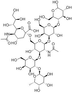 O-(N-乙酰基-ALPHA-神经胺酸基)-(2-6)-O-[O-6-脱氧-ALPHA-L-吡喃半乳糖基-(1-2)-BETA-D-吡喃半乳糖基-(1-3)]-O-2-(乙酰氨基)-2-脱氧-BETA-D-吡喃葡萄糖基-(1-3)-O-BETA-D-吡喃半乳糖基-(1-4)-D-葡萄糖, 89458-13-9, 结构式