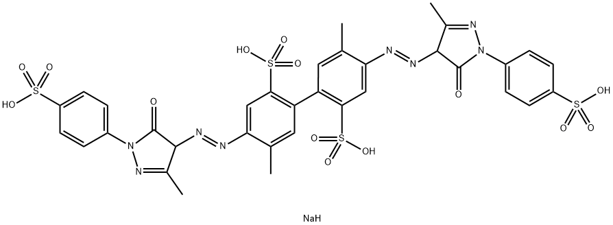 4,4'-ビス[[[4,5-ジヒドロ-3-メチル-5-オキソ-1-(4-ソジオオキシスルホニルフェニル)-1H-ピラゾール]-4-イル]アゾ]-5,5'-ジメチル-1,1'-ビフェニル-2,2'-ジスルホン酸ジナトリウム 化学構造式