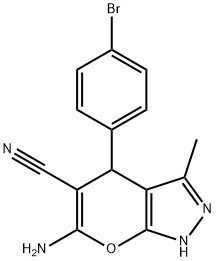 6-アミノ-4-(4-ブロモフェニル)-3-メチル-1H,4H-ピラノ[2,3-c]ピラゾール-5-カルボニトリル 化学構造式