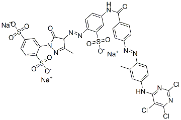 2-[[4,5-ジヒドロ-3-メチル-4-[[4-[[4-[[2-メチル-4-[(2,5,6-トリクロロ-4-ピリミジニル)アミノ]フェニル]アゾ]ベンゾイル]アミノ]-2-ソジオオキシスルホニルフェニル]アゾ]-5-オキソ-1H-ピラゾール]-1-イル]-1,4-ベンゼンジスルホン酸ジナトリウム 化学構造式