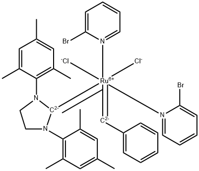Dichloro[1,3-bis(2,4,6-trimethylphenyl)-2-imidazolidinylidene](benzylidene)bis(3-bromopyridine)ruthenium(II) 化学構造式
